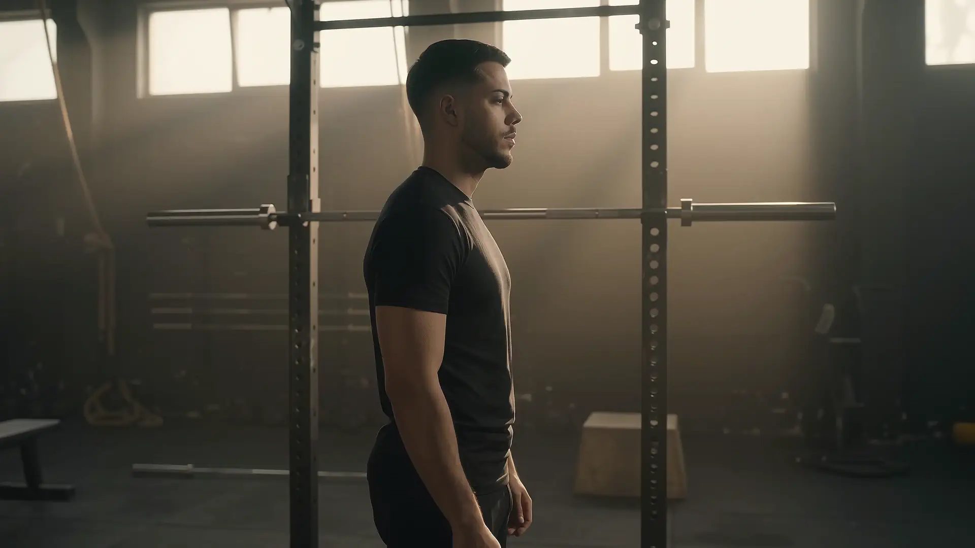 Marius steht im Profil an einem Rack in einer dunklen Trainingshalle (Standbild aus dem Video)
