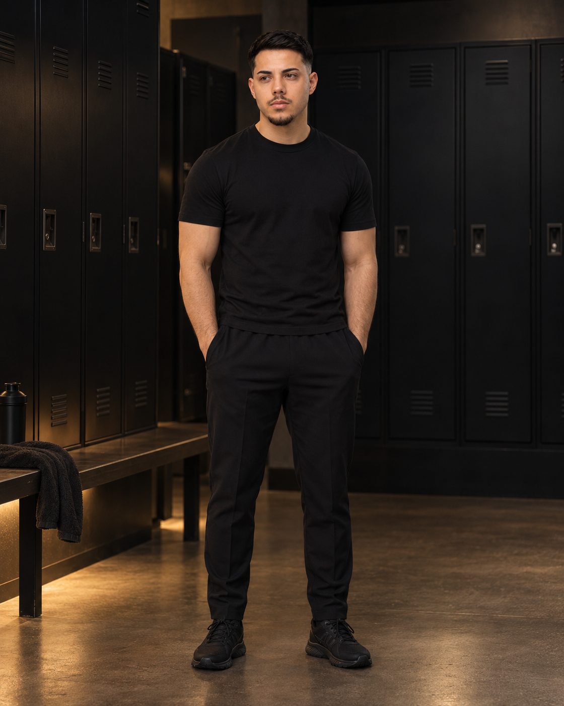 Marius im schwarzen T-Shirt in einer dunklen Umkleide