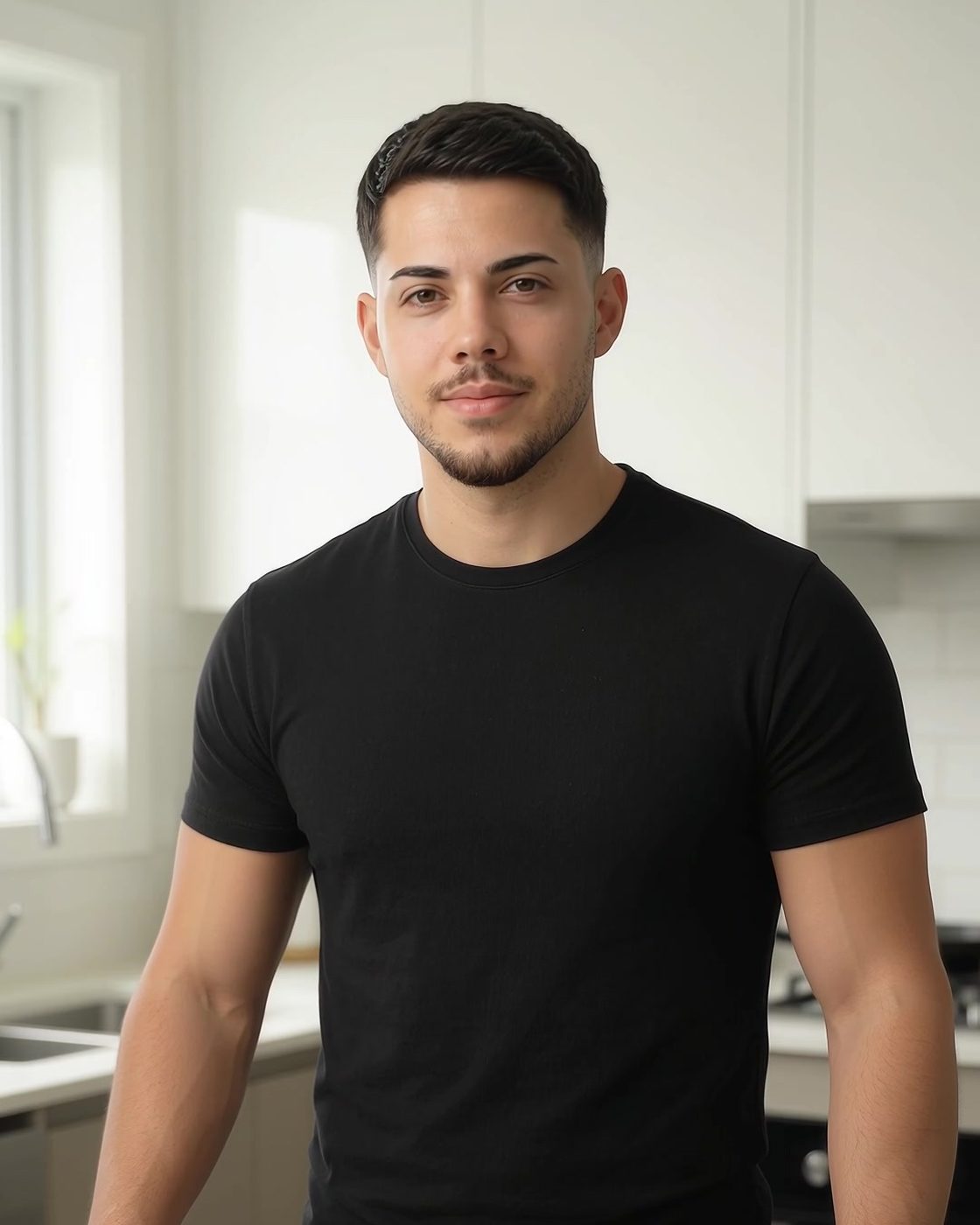 Marius im schwarzen T-Shirt in einer hellen Küche