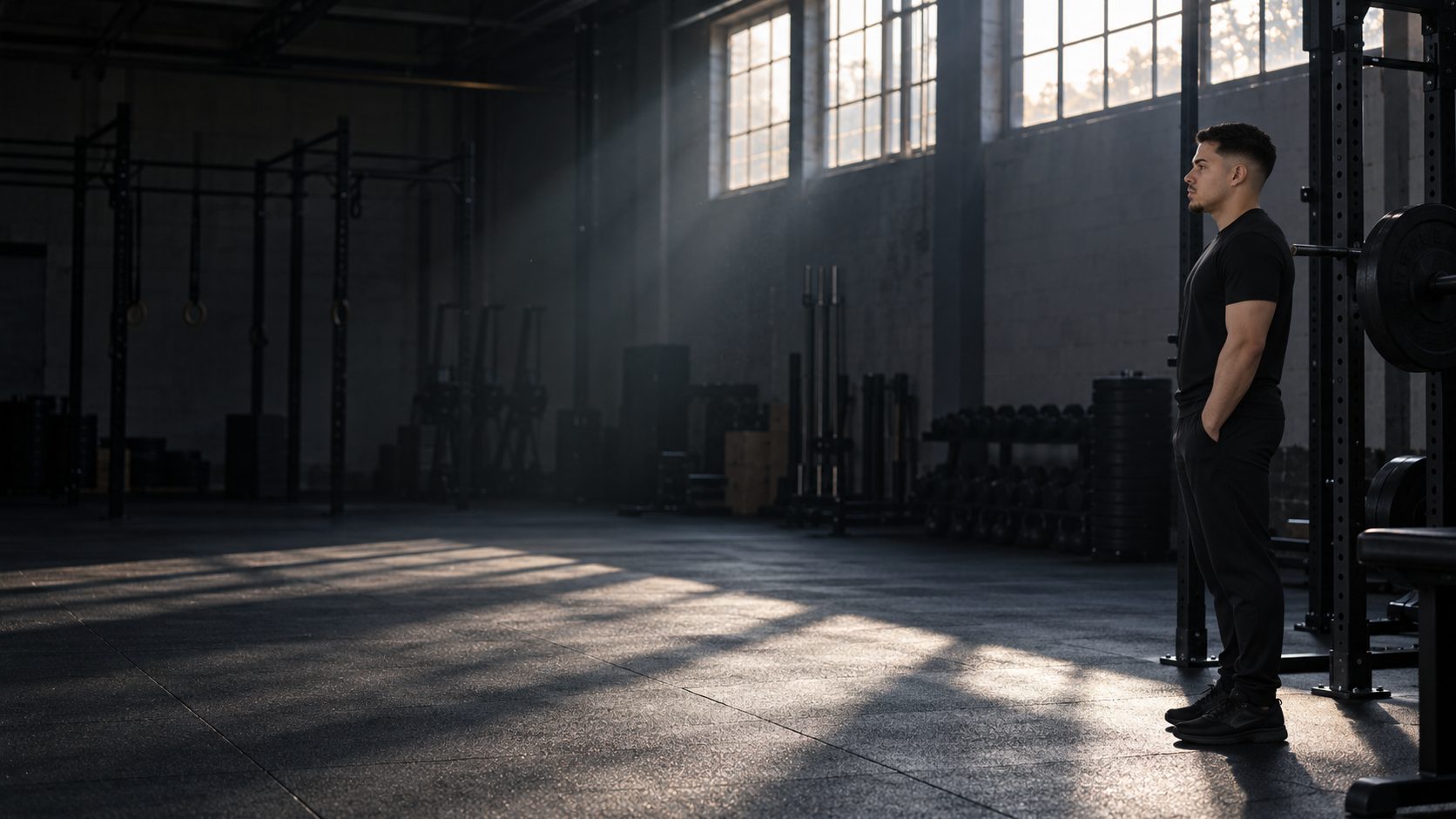 Leere Trainingshalle im Morgenlicht, Marius steht klein am Rack